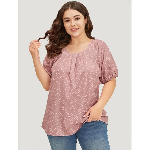 NWT BloomChic Pink Polka Dot Pleated Round Neck Puff Sleeve Blouse Size 12/L - Picture 1 of 4